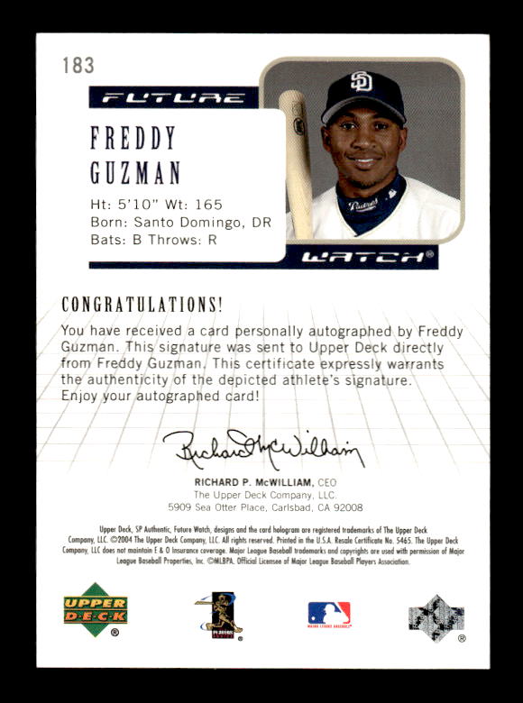 2004 SP Authentic Future Watch Autograph 195 #183 Freddy Guzman FW back image