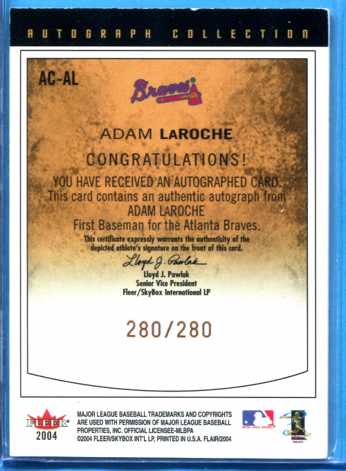2004 Flair Autograph #ALR Adam LaRoche/280 back image