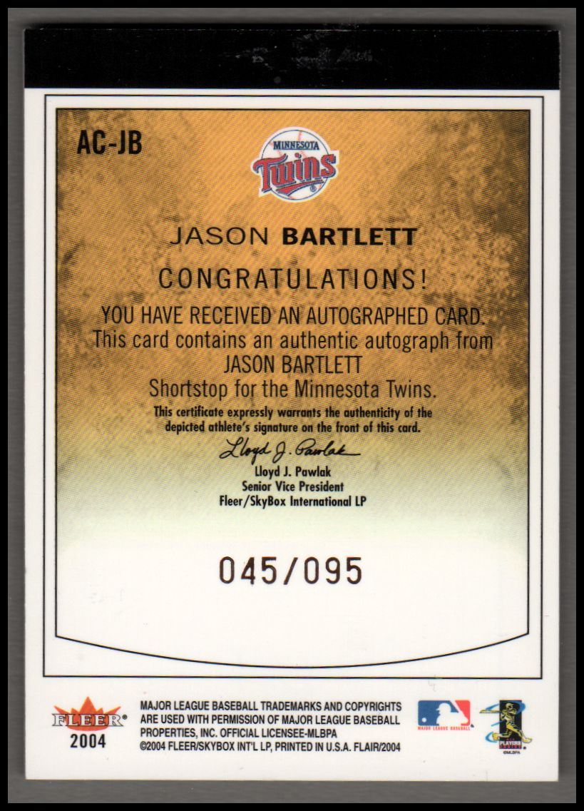 2004 Flair Autograph #JB1 Jason Bartlett/95 back image