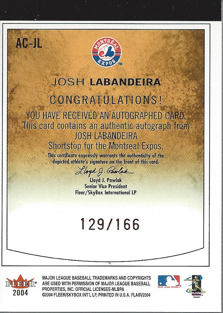 2004 Flair Autograph #JL Josh Labandeira/166 back image