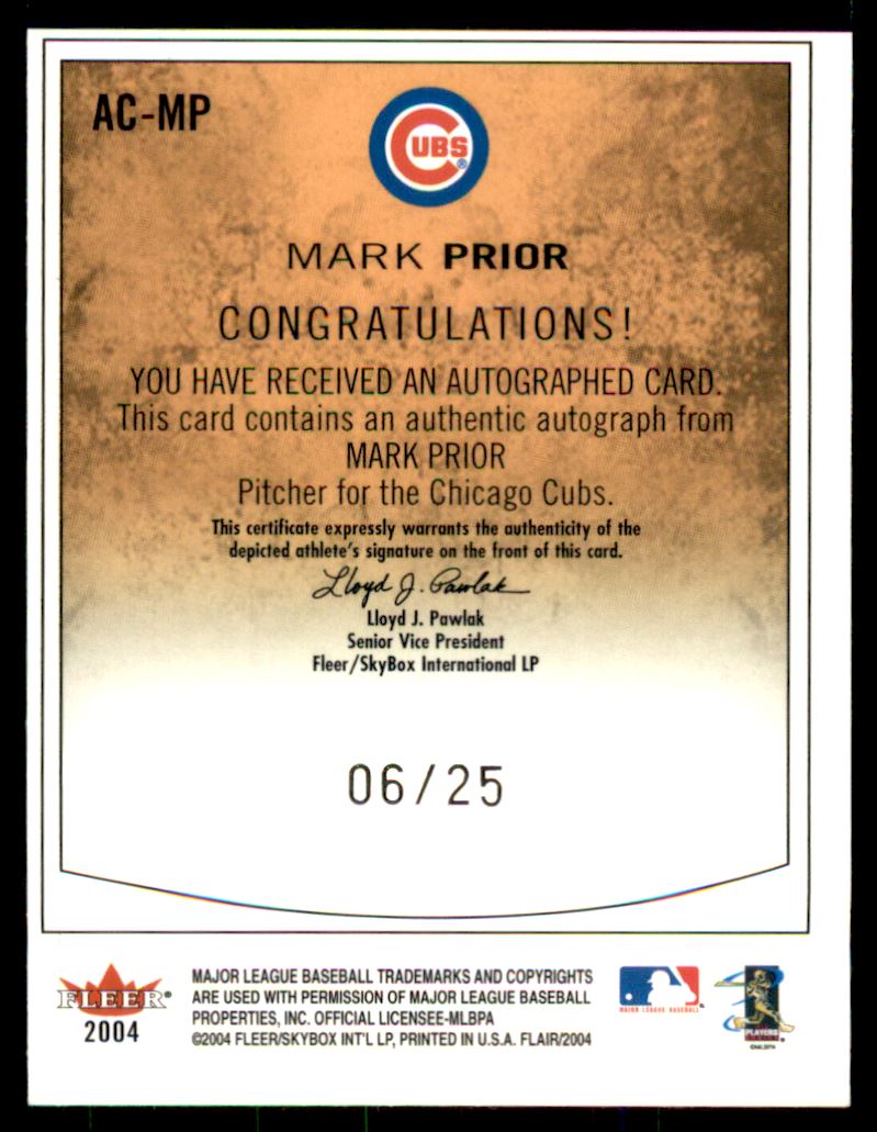 2004 Flair Autograph Parchment #MP Mark Prior back image