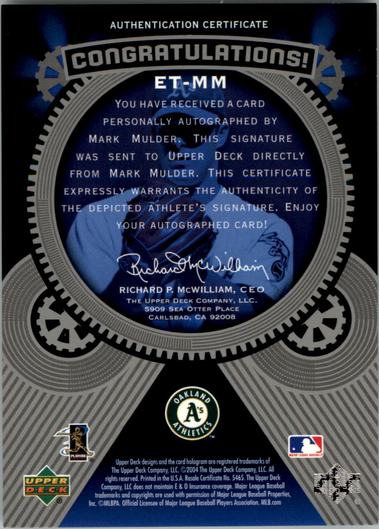 2004 Upper Deck Etchings Etched in Time Autograph Blue #MM Mark Mulder/250 back image