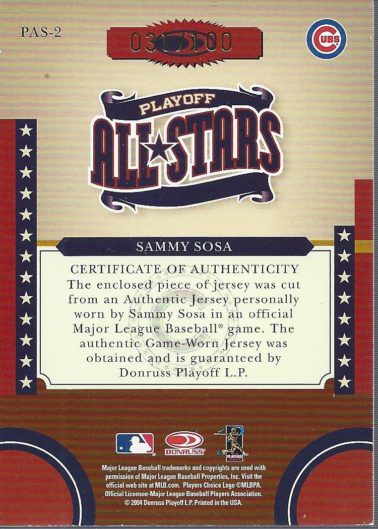 2004 Donruss World Series Playoff All-Stars Material 1 #2 Sammy Sosa Jsy/100 back image