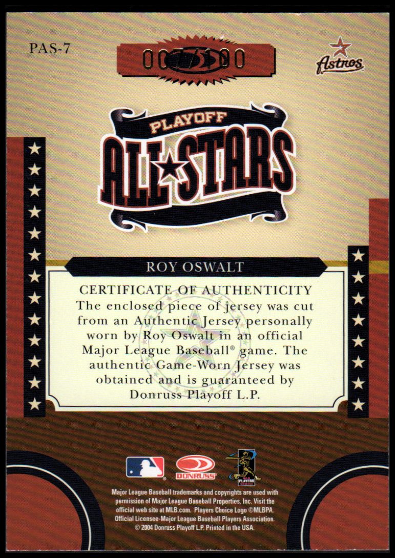 2004 Donruss World Series Playoff All-Stars Material 1 #7 Roy Oswalt Jsy/100 back image