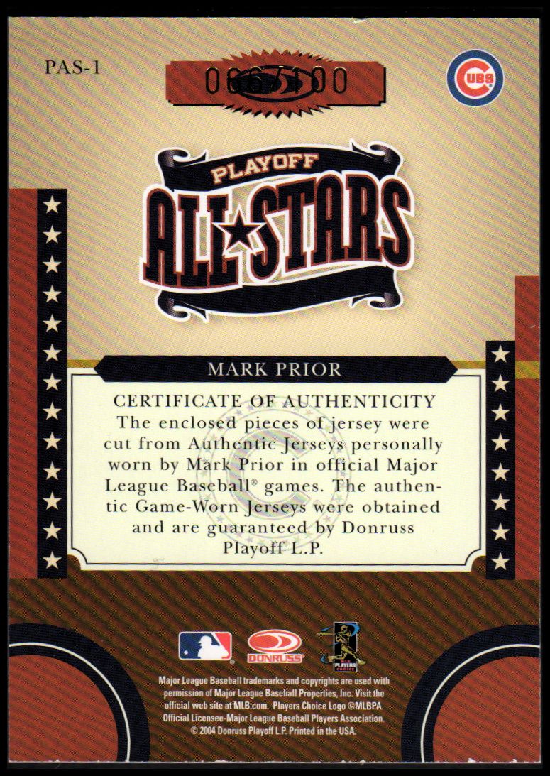 2004 Donruss World Series Playoff All-Stars Material 2 #1 Mark Prior Jsy-Jsy/100 back image