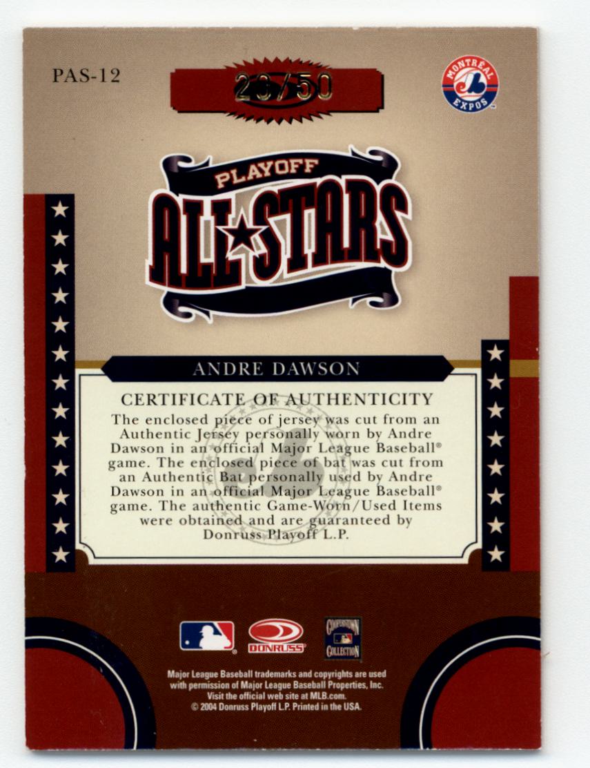2004 Donruss World Series Playoff All-Stars Signature Material 2 #12 Andre Dawson Bat-Jsy/50 back image