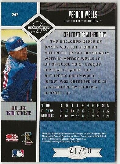 2004 Leaf Limited Moniker Jersey #158 Vernon Wells H/50 back image