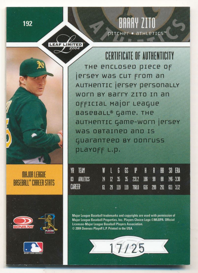 2004 Leaf Limited Threads Jersey Number #192 Barry Zito A/25 back image