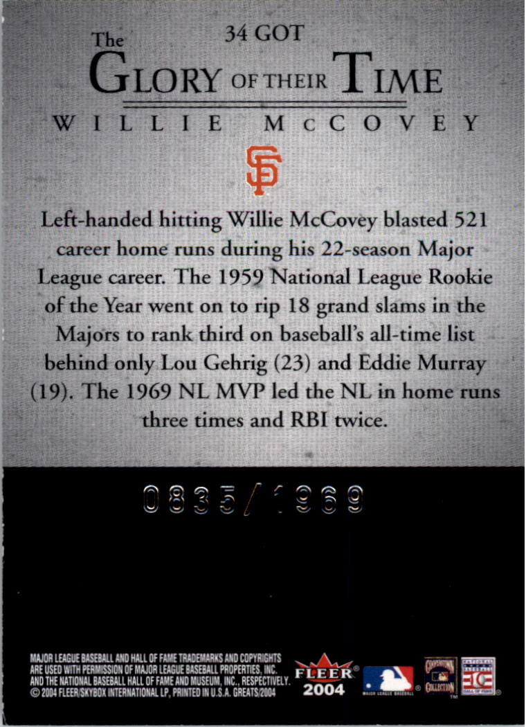 2004 Greats of the Game Glory of Their Time #34 Willie McCovey/1969 back image