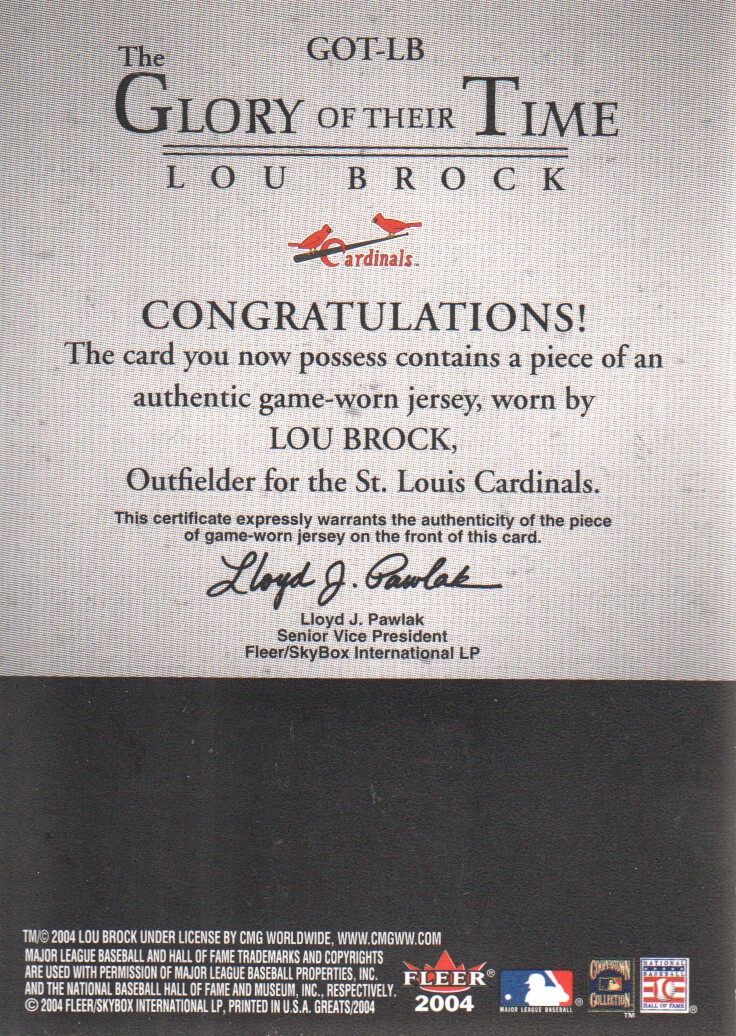 2004 Greats of the Game Glory of Their Time Game Used Gold #LB Lou Brock Jsy back image