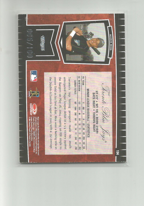 2004 Leaf Certified Cuts Marble Signature Red #194 Alexis Rios/100 ...