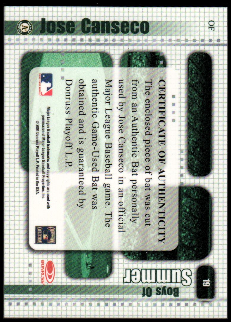 2004 Donruss Timelines Boys of Summer Material #19 Jose Canseco Bat back image