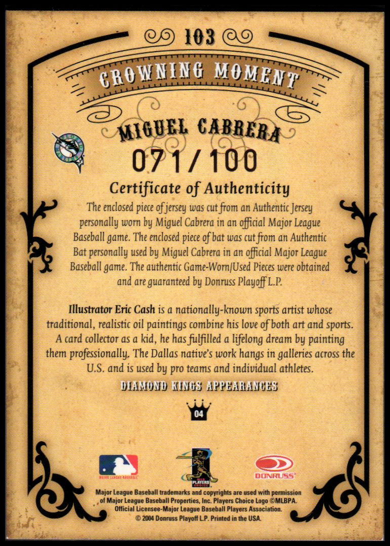 2004 Diamond Kings DK Materials Bronze #103 Miguel Cabrera Bat-Jsy/100 back image