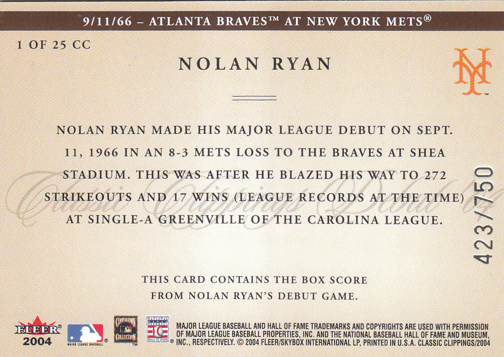 2004 Classic Clippings Inserts #1 Nolan Ryan back image