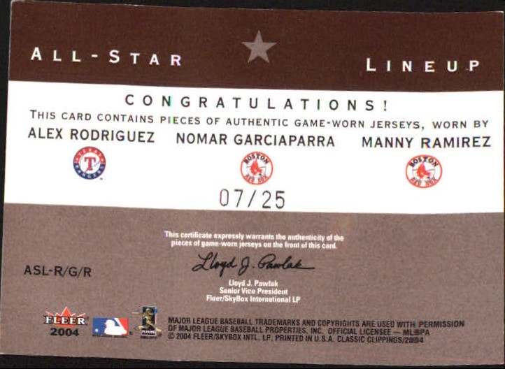 2004 Classic Clippings All-Star Lineup Triple Patch #RGR Alex Rodriguez/Nomar Garciaparra/Manny Ramirez back image