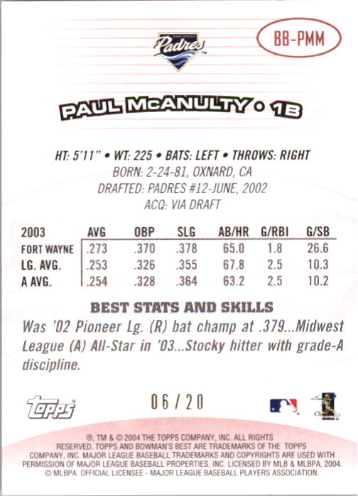 2004 Bowman's Best Red #PMM Paul McAnulty FY back image