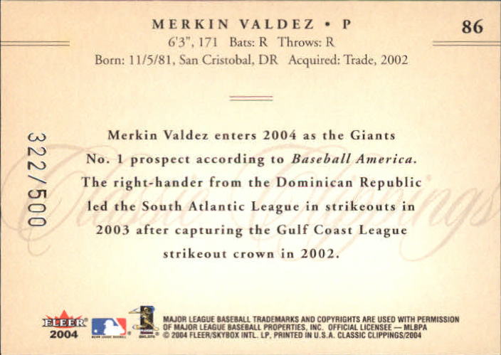 2004 Classic Clippings #86 Merkin Valdez ROO RC back image