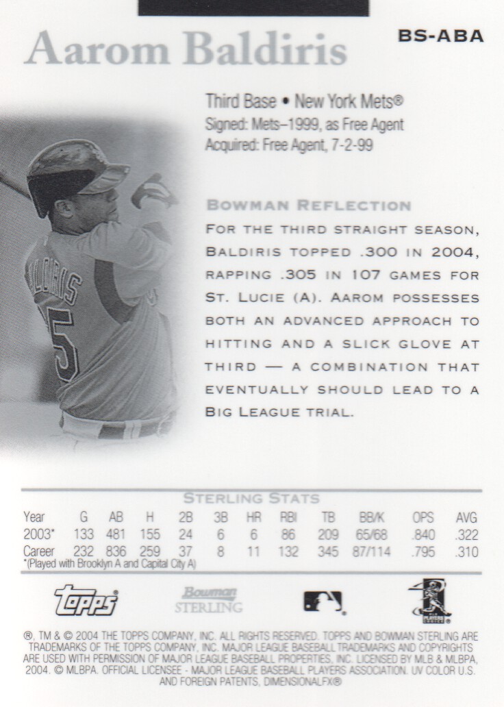 2004 Bowman Sterling #ABA Aarom Baldiris FY RC back image