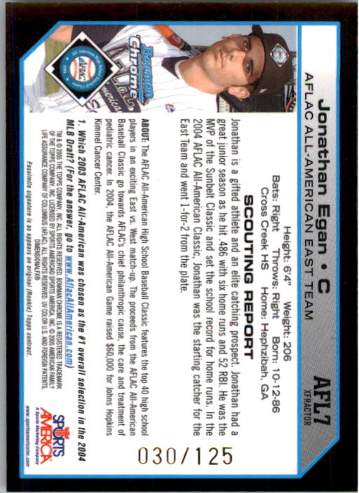 2004 Bowman Chrome Draft AFLAC X-Fractors #7 Jonathan Egan back image
