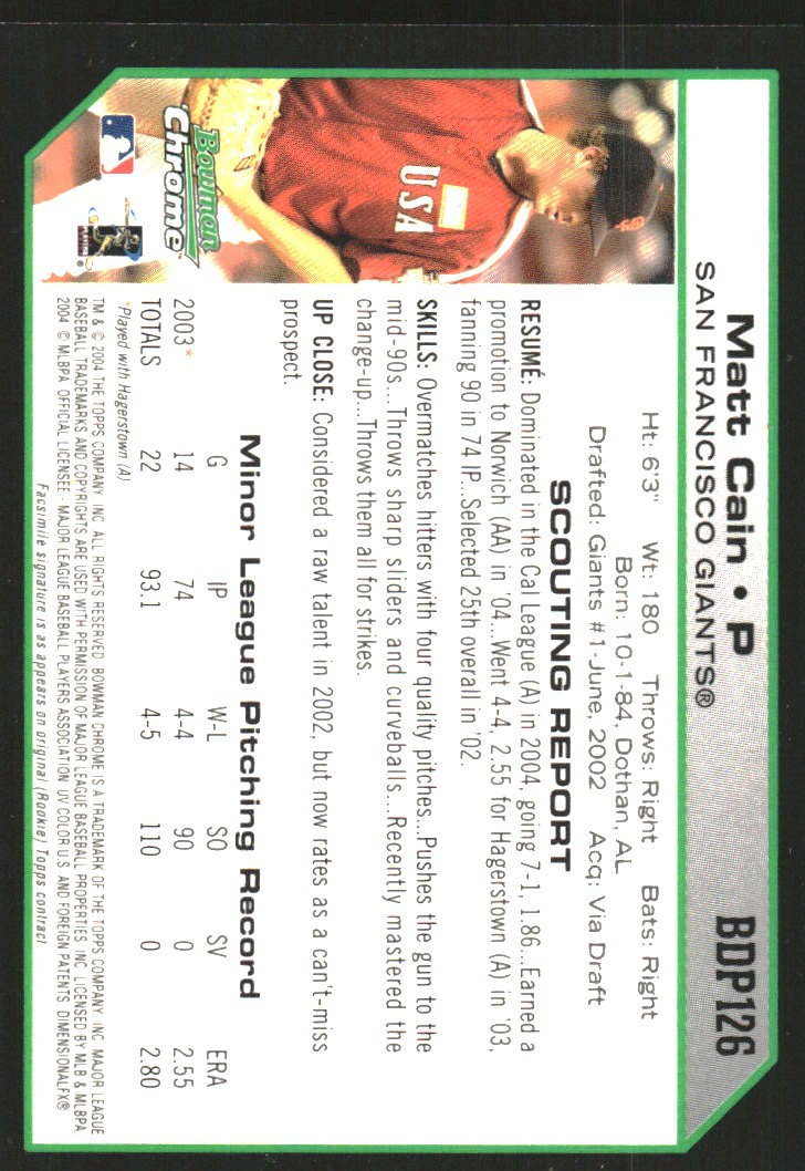 2004 Bowman Chrome Draft #126 Matt Cain back image