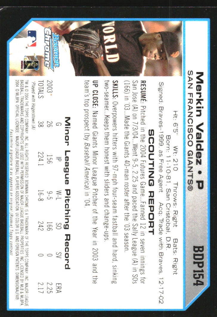 2004 Bowman Chrome Draft #154 Merkin Valdez back image