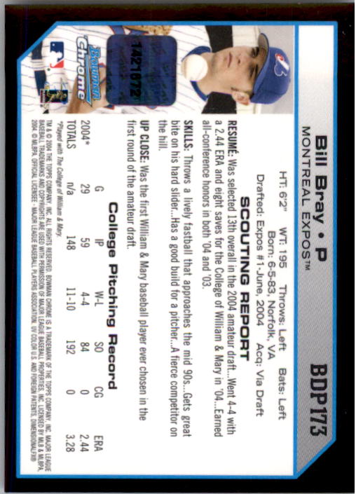 2004 Bowman Chrome Draft #173 Bill Bray AU RC back image