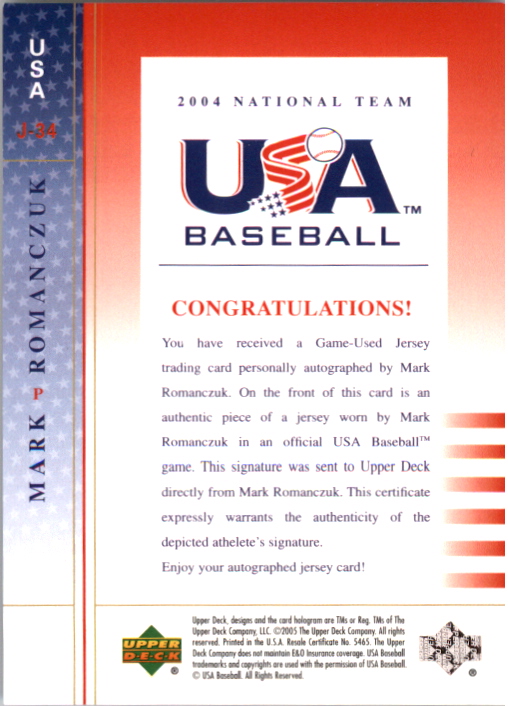 2004-05 USA Baseball National Team Signatures Jersey Blue #34 Mark Romanczuk back image