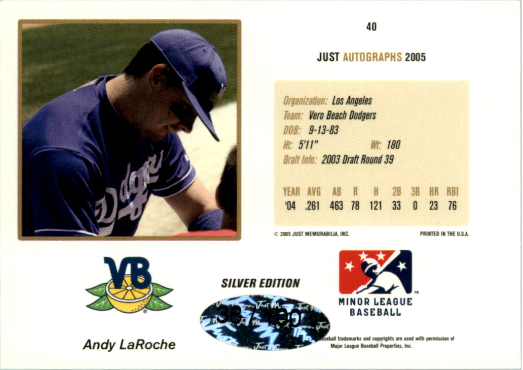 2005 Just Autographs Signatures Silver #40 Andy LaRoche back image