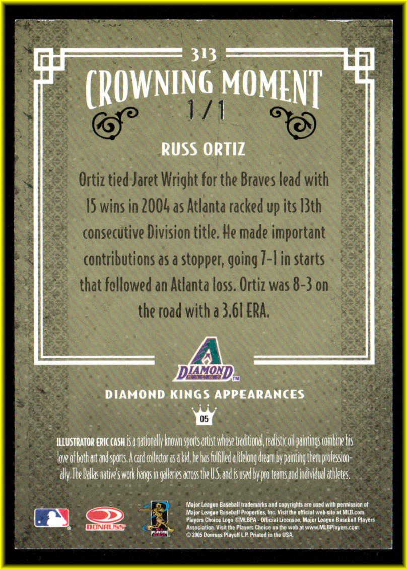 2005 Diamond Kings Framed Green Platinum #313 Russ Ortiz back image