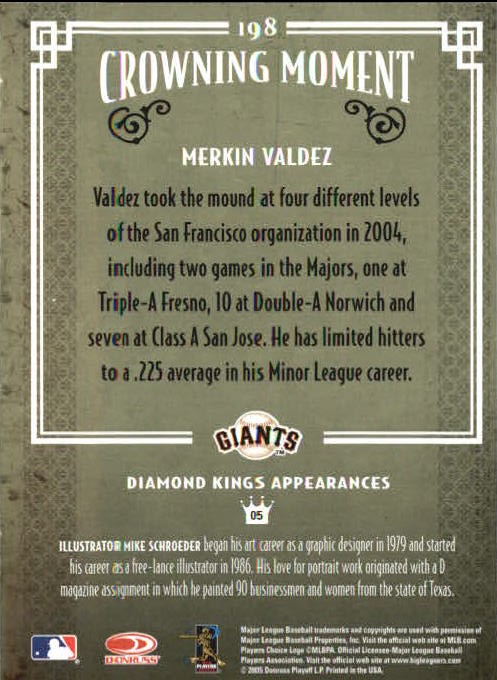 2005 Diamond Kings Framed Red #198 Merkin Valdez back image