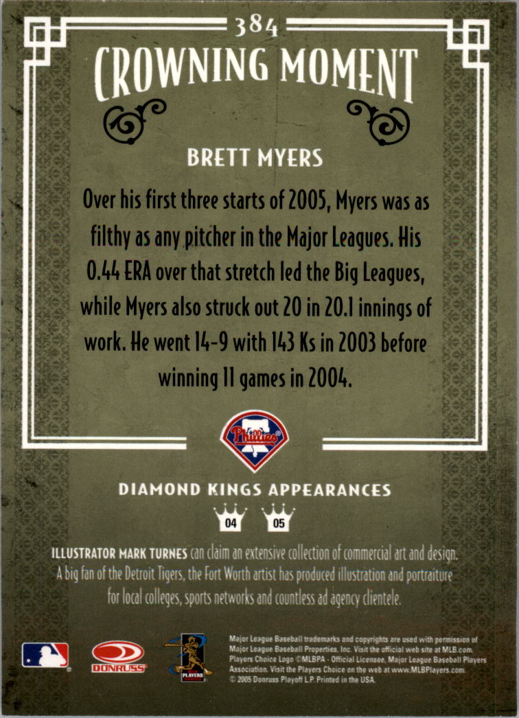 2005 Diamond Kings Framed Red #384 Brett Myers back image