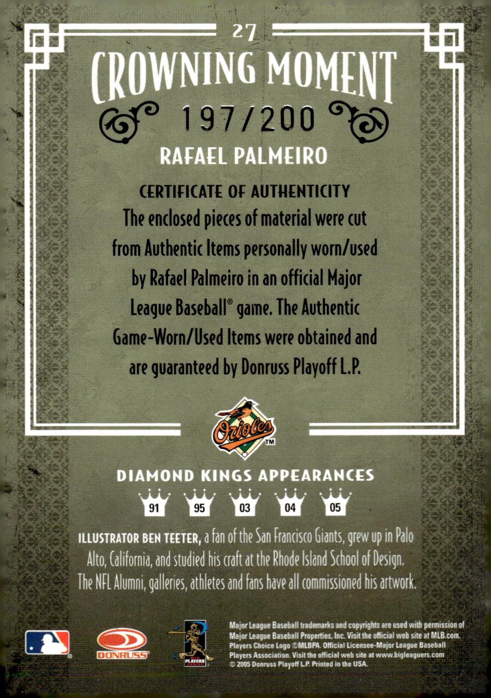 2005 Diamond Kings Materials Bronze #27 R.Palmeiro O's Bat-Jsy/200 back image
