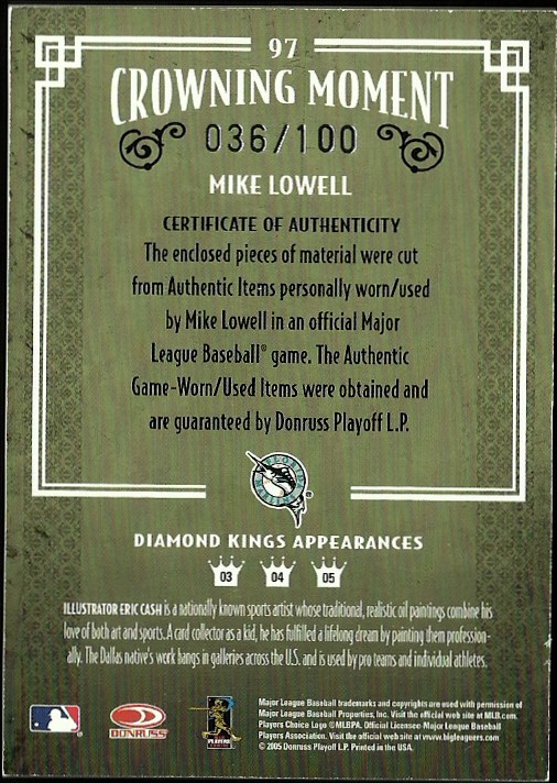 2005 Diamond Kings Materials Bronze #97 Mike Lowell Bat-Jsy/100 back image