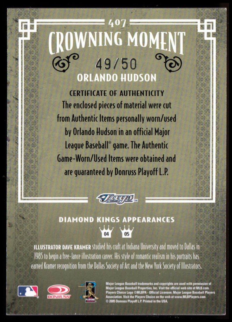 2005 Diamond Kings Materials Gold #407 Orlando Hudson Bat-Bat/50 back image