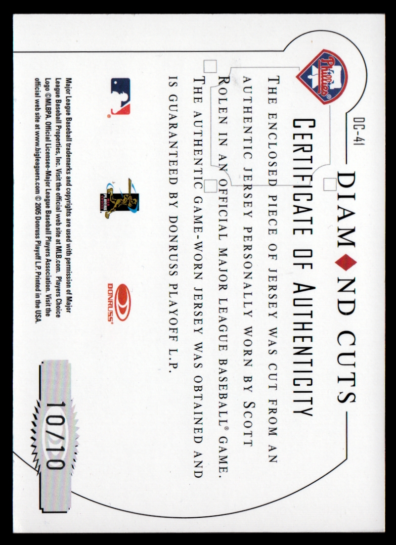2005 Diamond Kings Diamond Cuts Signature Jersey #DC41 Scott Rolen/10 back image