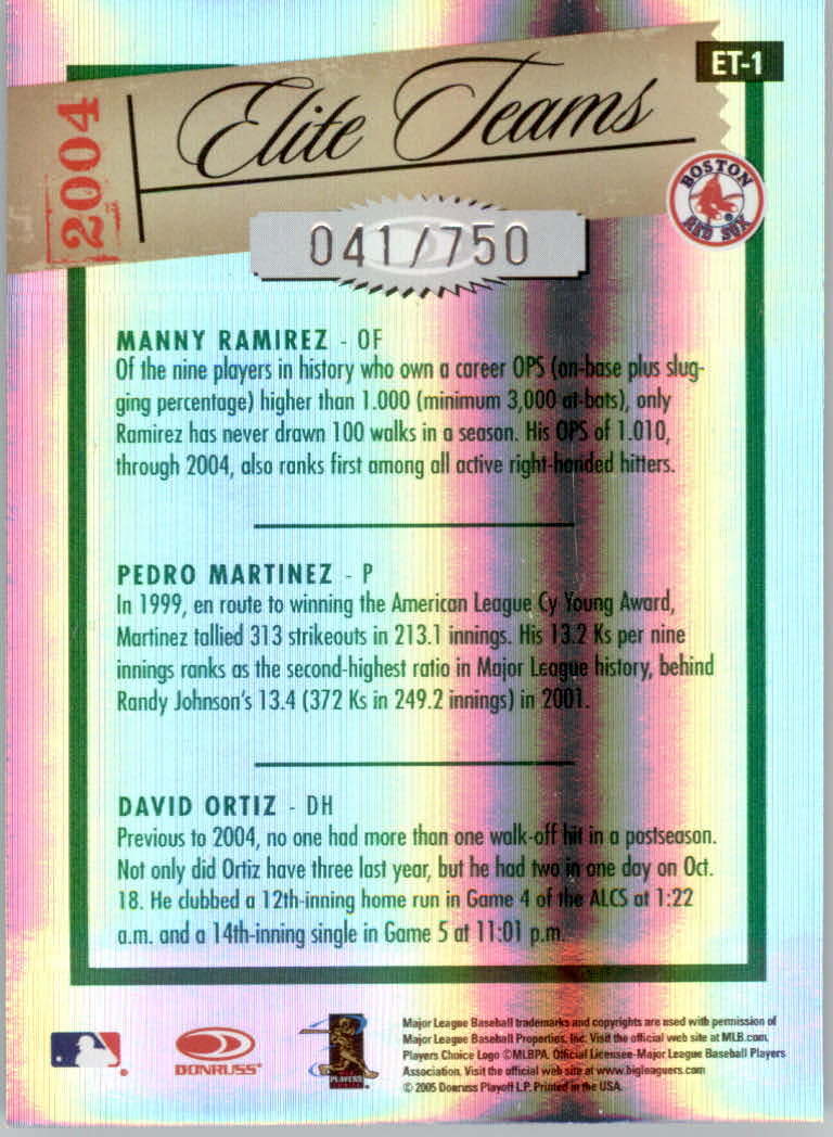 2005 Donruss Elite Teams Green #1 Manny/Pedro/Ortiz back image