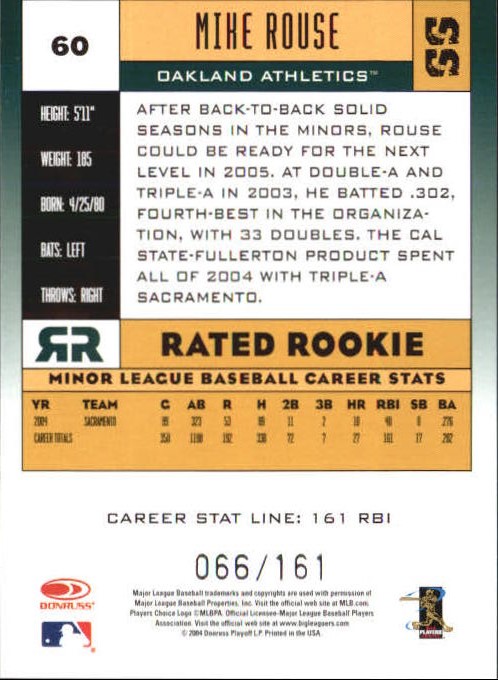 2005 Donruss Stat Line Career #60 Mike Rouse RR/161 back image