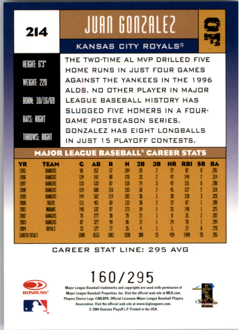 2005 Donruss Stat Line Career #214 Juan Gonzalez/295 back image