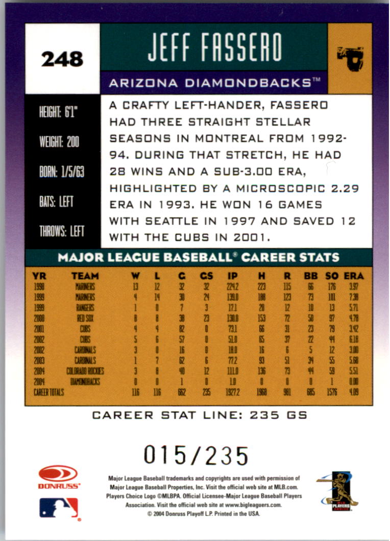 2005 Donruss Stat Line Career #248 Jeff Fassero/235 back image