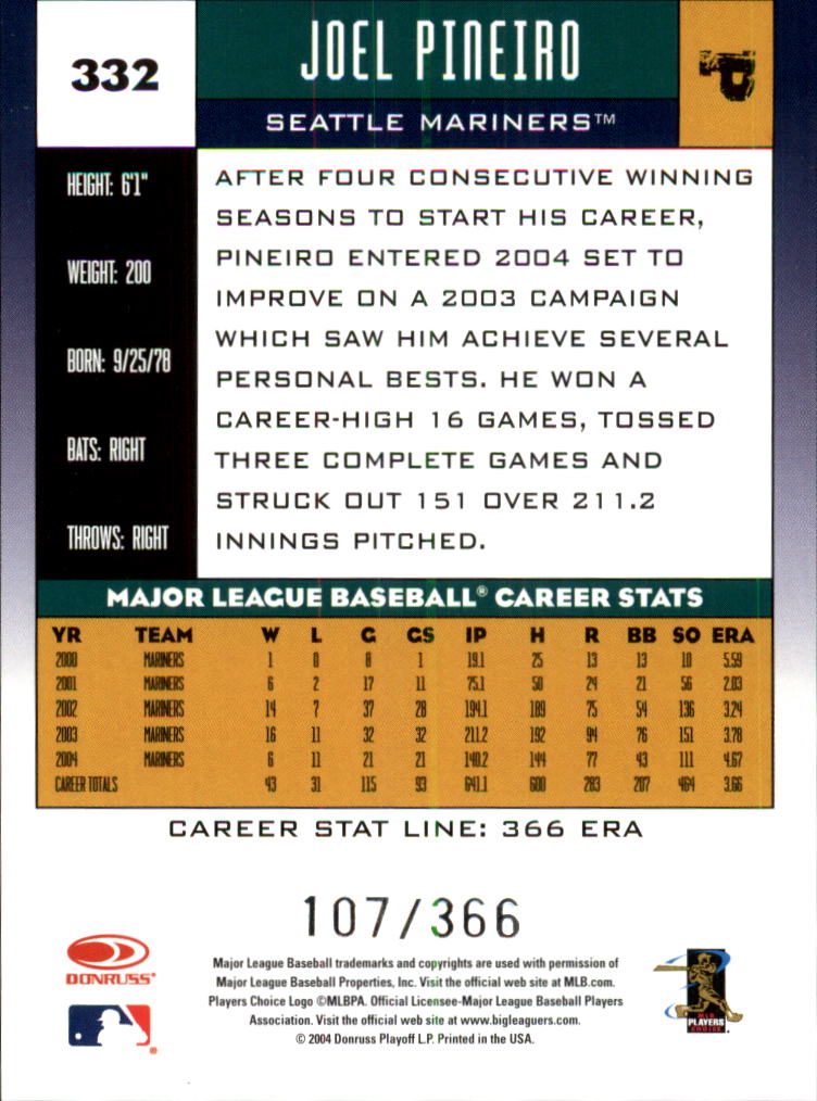 2005 Donruss Stat Line Career #332 Joel Pineiro/366 back image