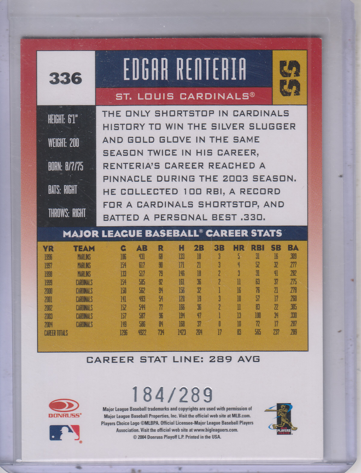 2005 Donruss Stat Line Career #336 Edgar Renteria/289 back image