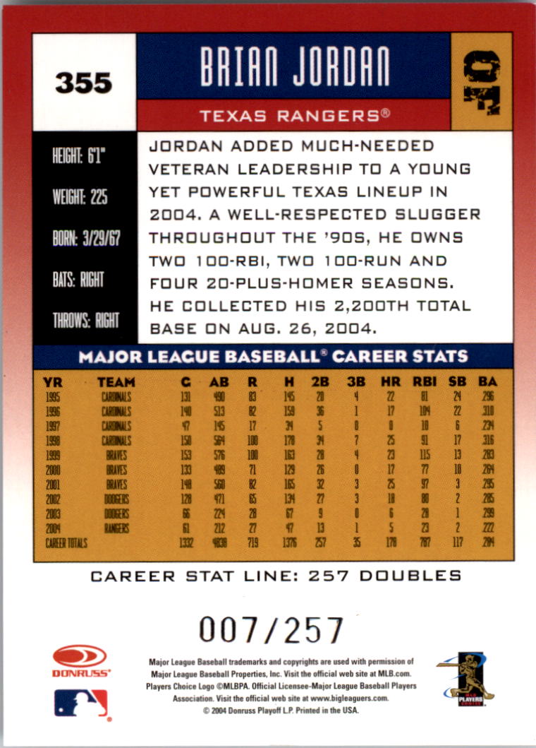 2005 Donruss Stat Line Career #355 Brian Jordan/257 back image
