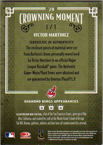 2005 Diamond Kings Signature Materials Framed Blue Platinum #79 Victor Martinez Jsy-Jsy back image