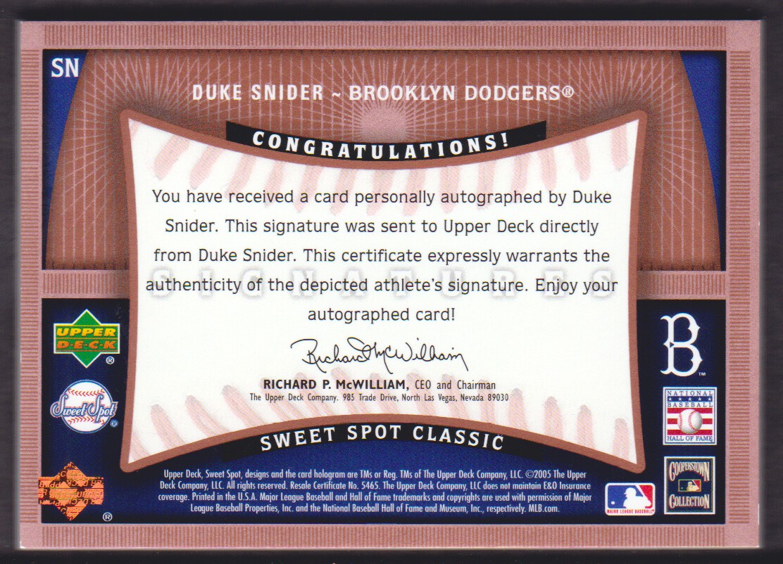 2005 Sweet Spot Classic Signatures #SN Duke Snider T2 back image