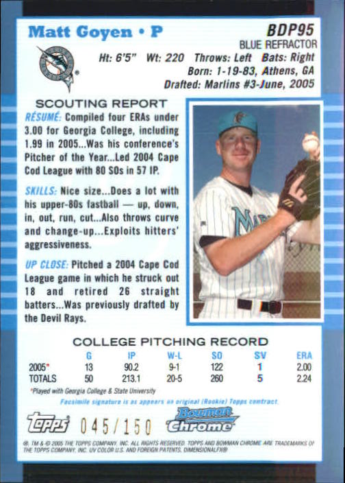 2005 Bowman Chrome Draft Blue Refractors #BDP95 Matt Goyen FY
