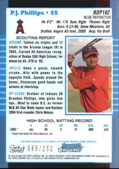 2005 Bowman Chrome Draft Blue Refractors #BDP102 P.J. Phillips FY
