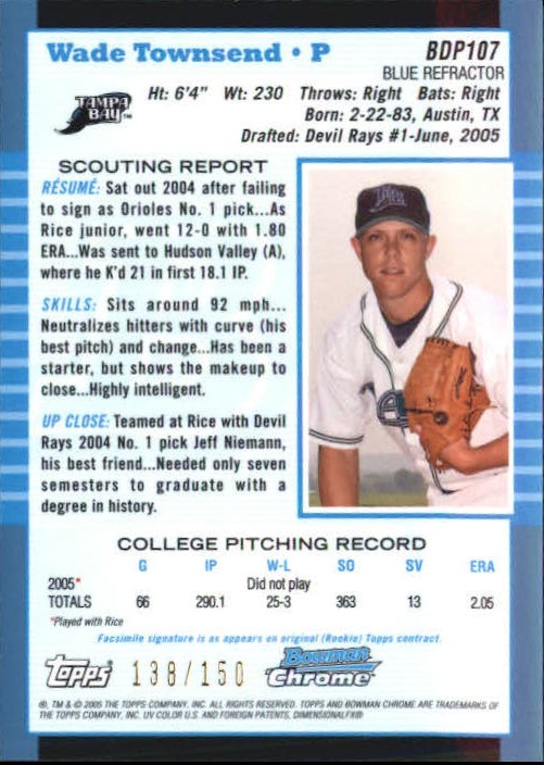 2005 Bowman Chrome Draft Blue Refractors #BDP107 Wade Townsend FY