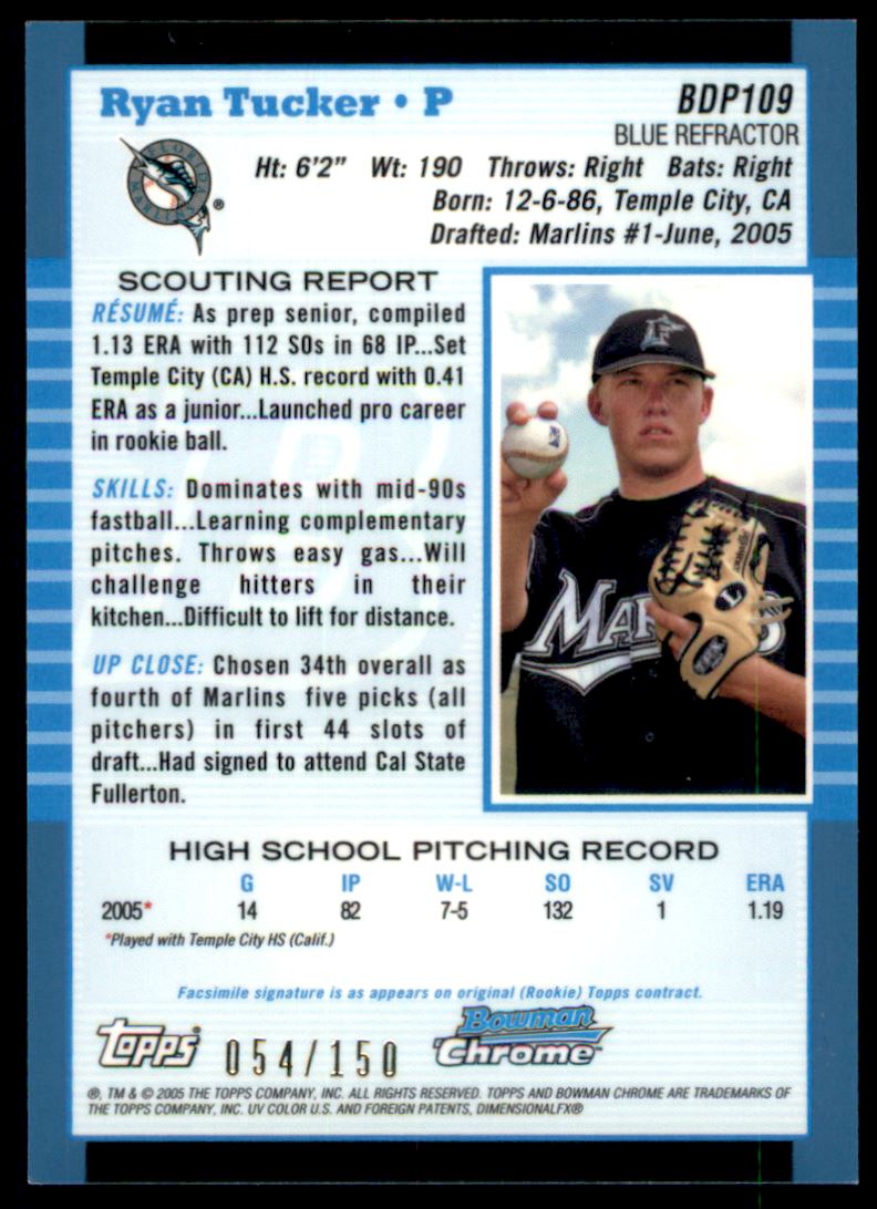 2005 Bowman Chrome Draft Blue Refractors #BDP109 Ryan Tucker FY