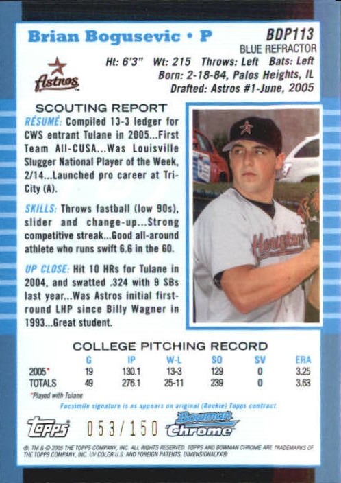2005 Bowman Chrome Draft Blue Refractors #BDP113 Brian Bogusevic FY