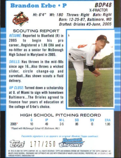2005 Bowman Chrome Draft X-Fractors #BDP48 Brandon Erbe FY